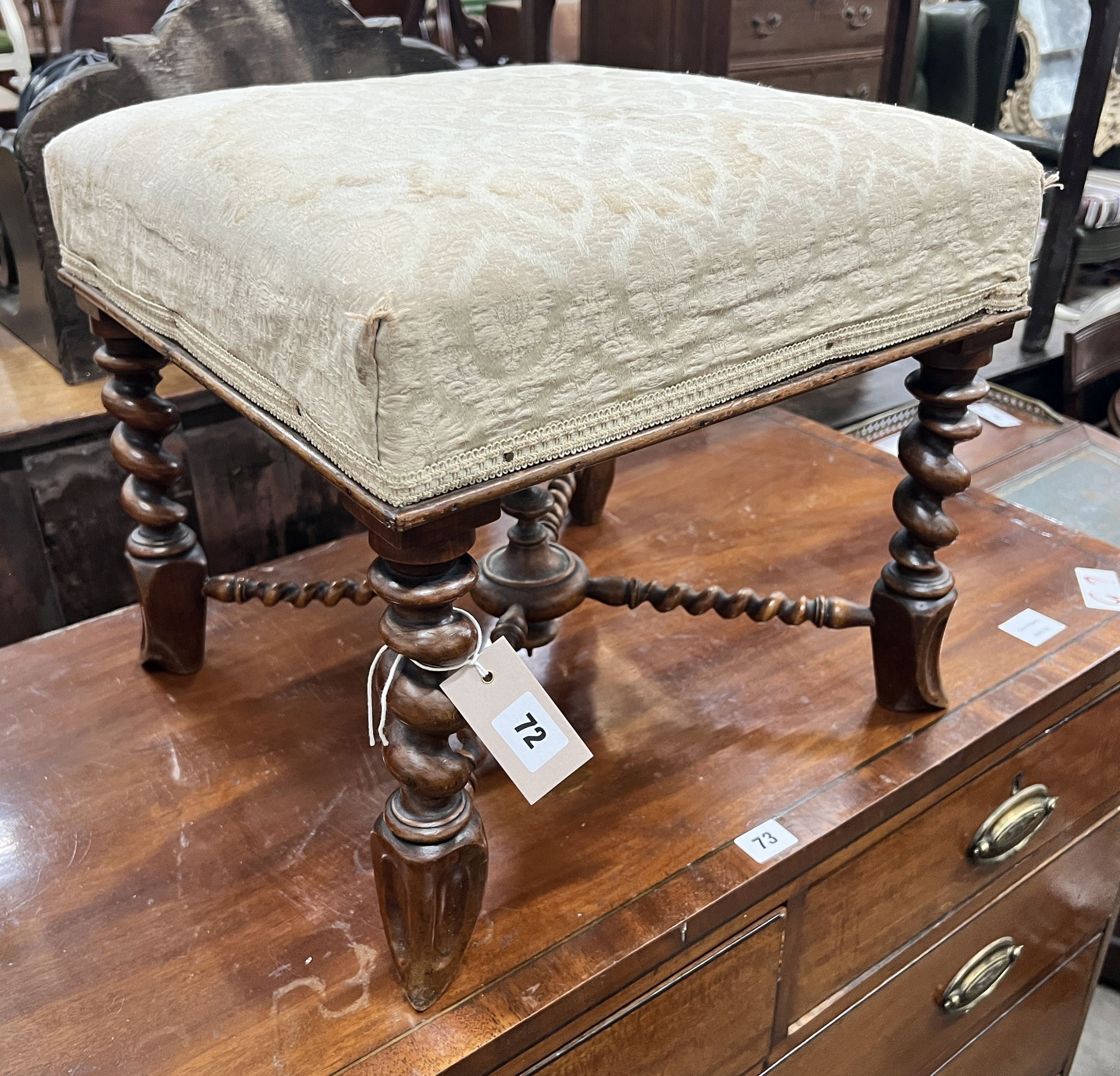 A Victorian walnut frame stool, with square seat and spiral twist legs and cloven hoof feet, width 41cm, height 36cm